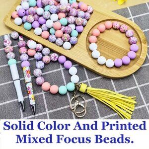 Solid Color And Printed Mixed Focus Beads.  Silicone 15mm , 25 Beads. For Pens.